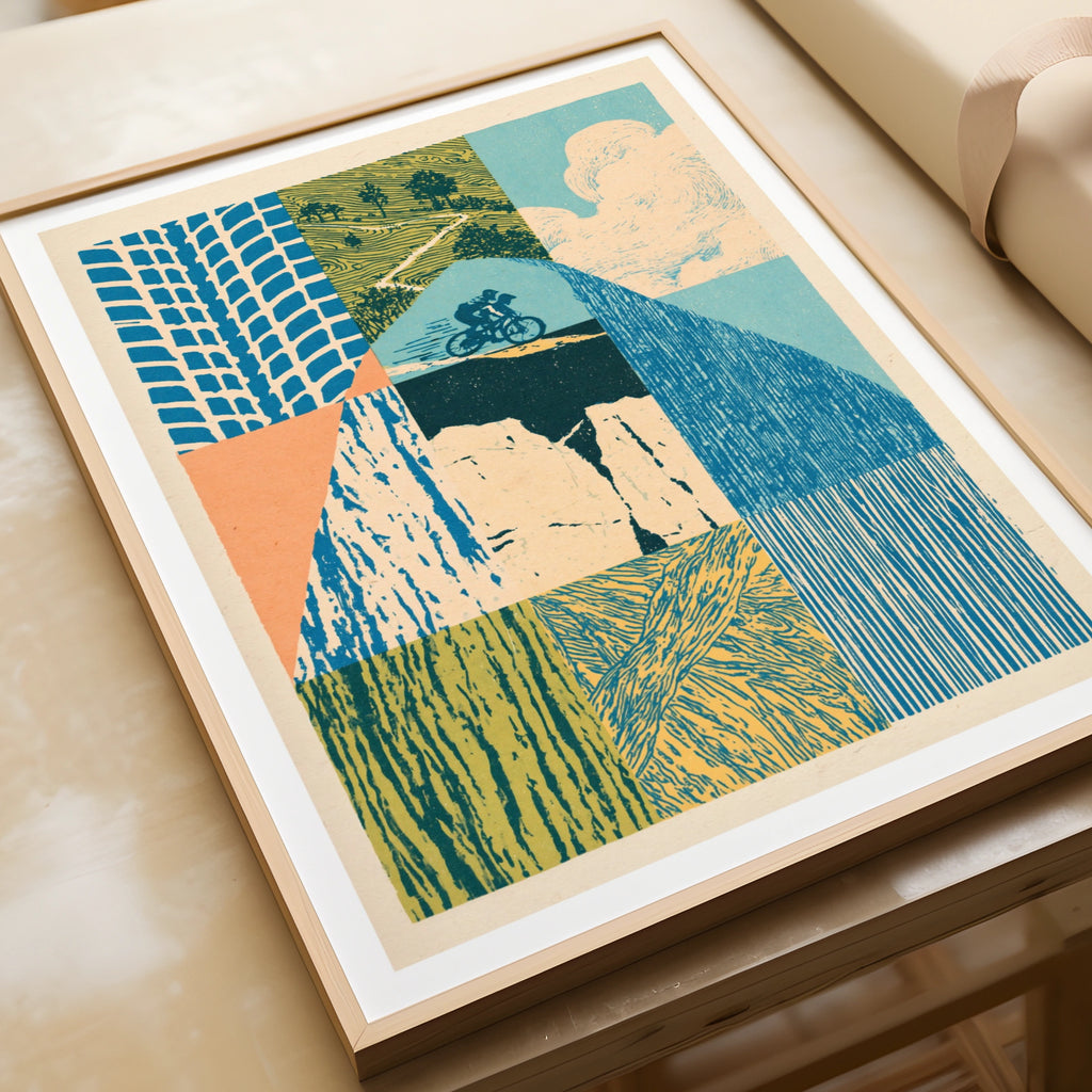 Mountain Bike Retro Print, MTB Trail Poster, Vintage Cycling Wall Art, Linocut Style Gift