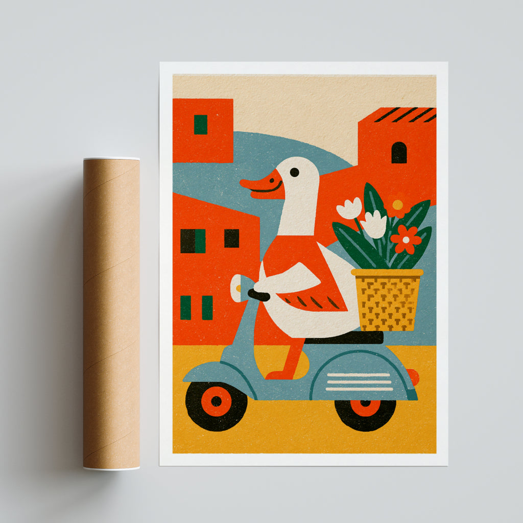 Retro Duck on Scooter Art Print, Vintage Illustrated Animal Poster, Colourful Funky Wall Art