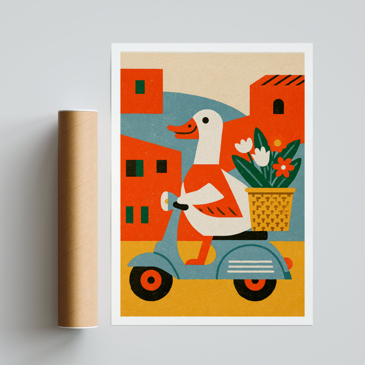 Retro Duck on Scooter Art Print, Vintage Illustrated Animal Poster, Colourful Funky Wall Art