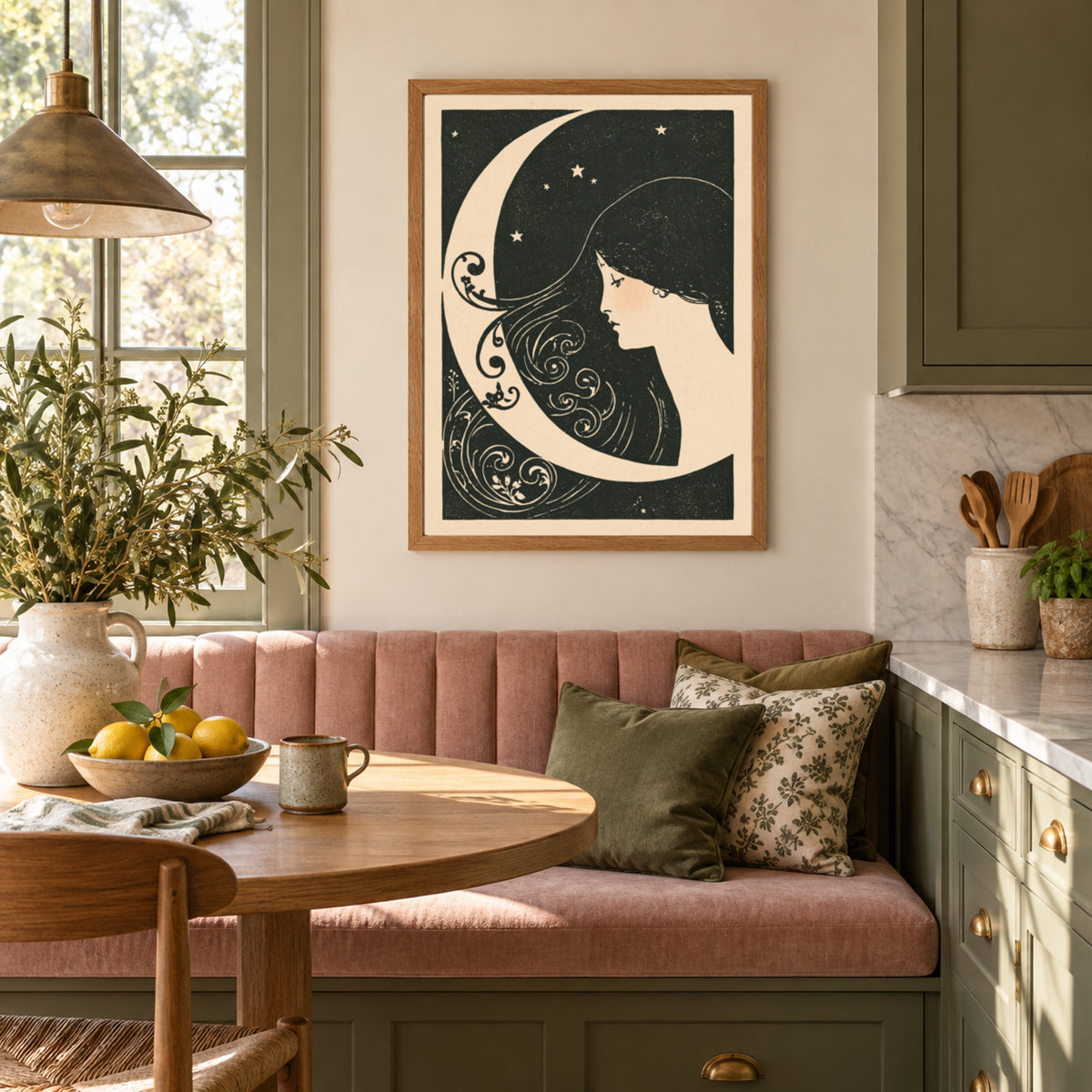 Art Nouveau Moon Print, Crescent Moon Woman Wall Art, Celestial Poster, Vintage Night Sky Stars