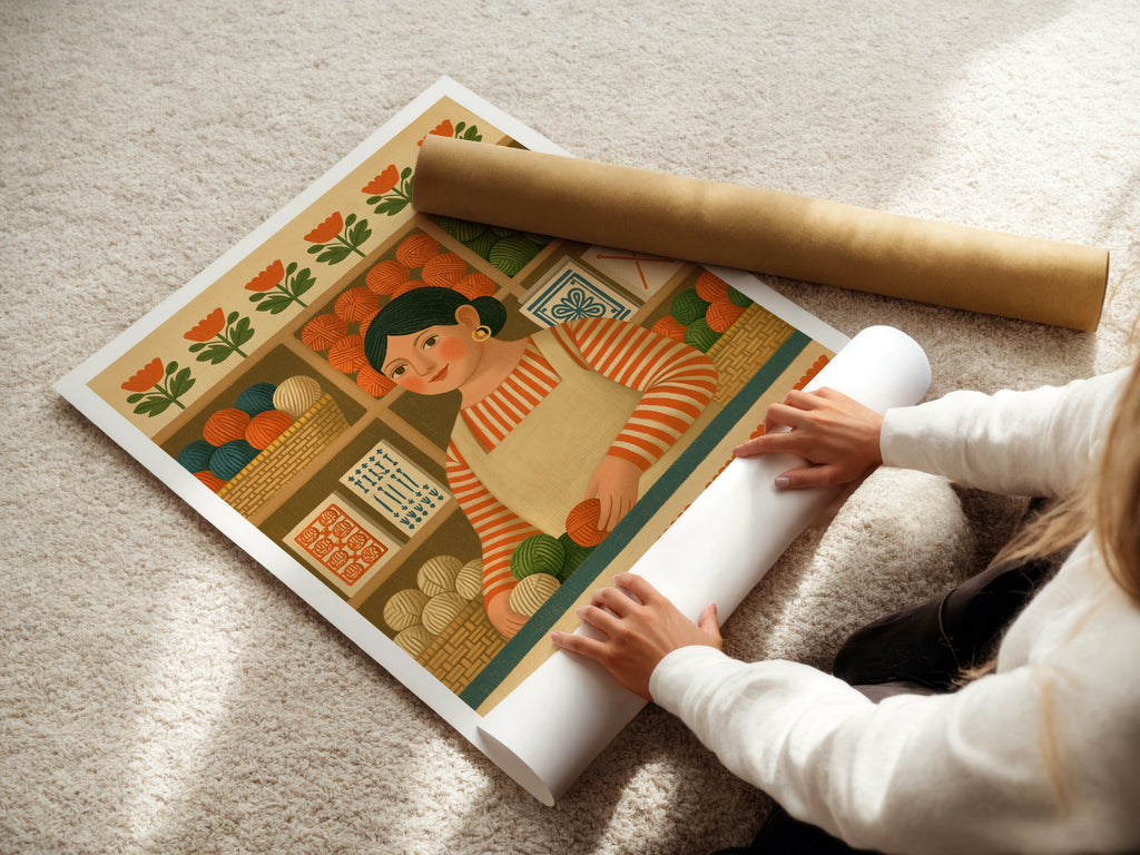 Retro Yarn Shop Print, Sewing Craft Room Wall Art, Folk Style Knitting Poster, Gift for Crafter
