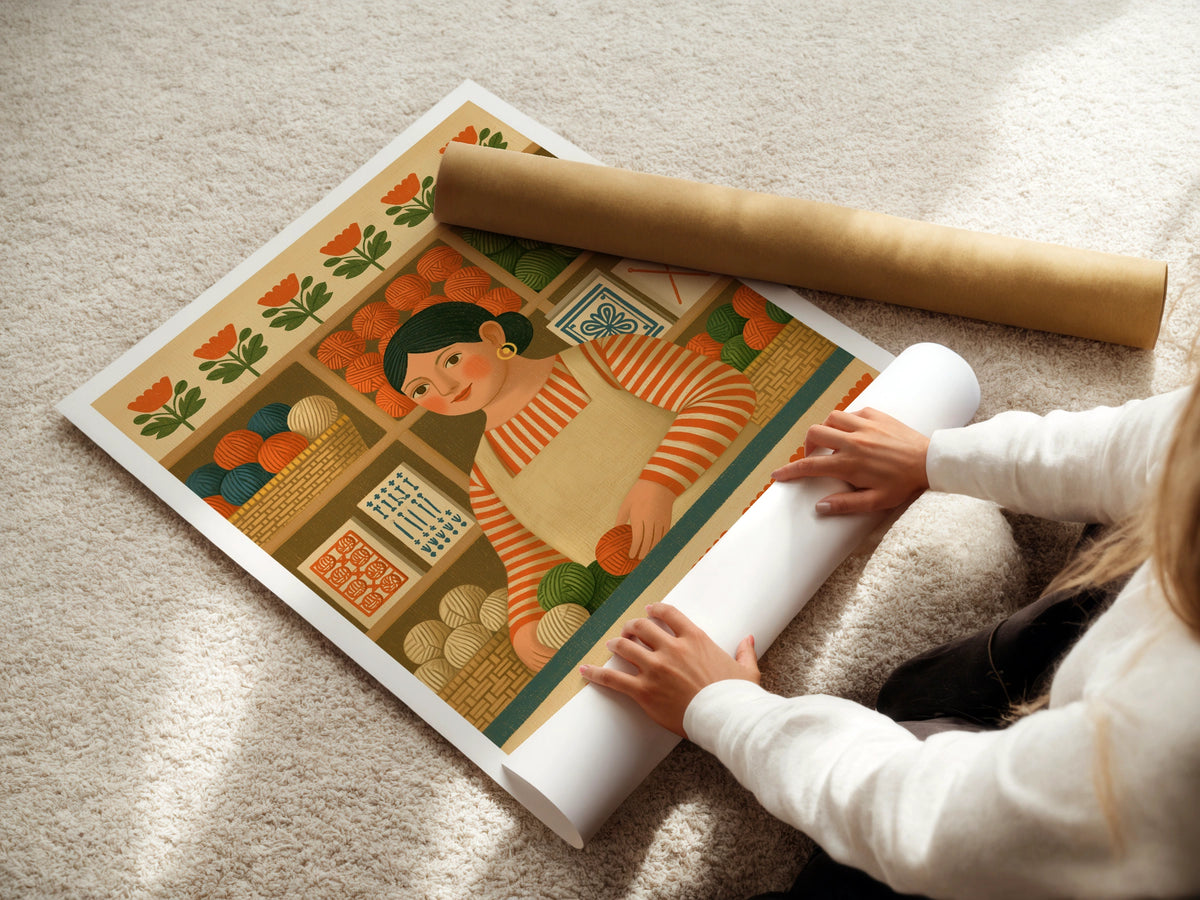 Retro Yarn Shop Print, Sewing Craft Room Wall Art, Folk Style Knitting Poster, Gift for Crafter