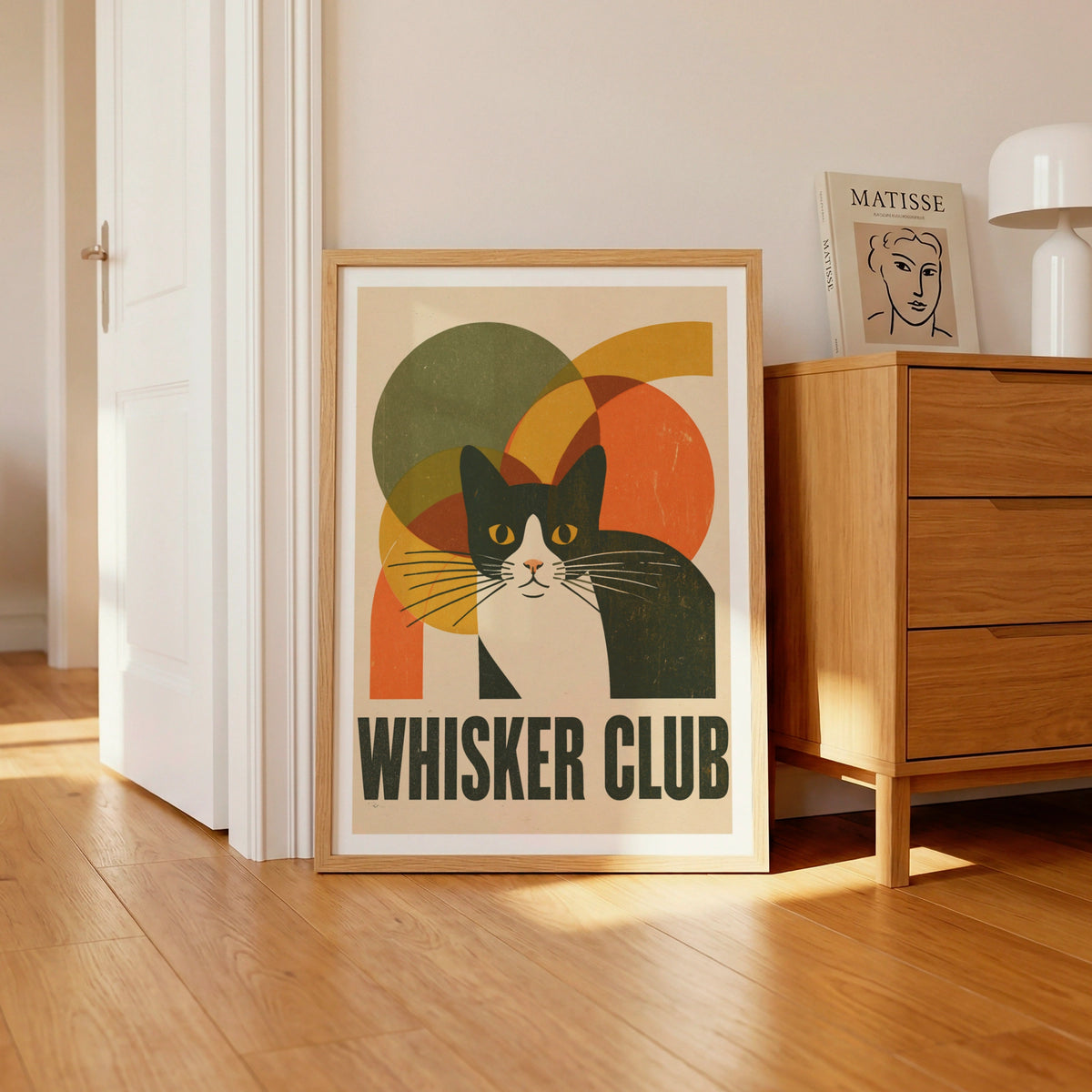 Whisker Club Retro Cat Print, Tuxedo Cat Wall Art, Mid Century Modern Cat Gift