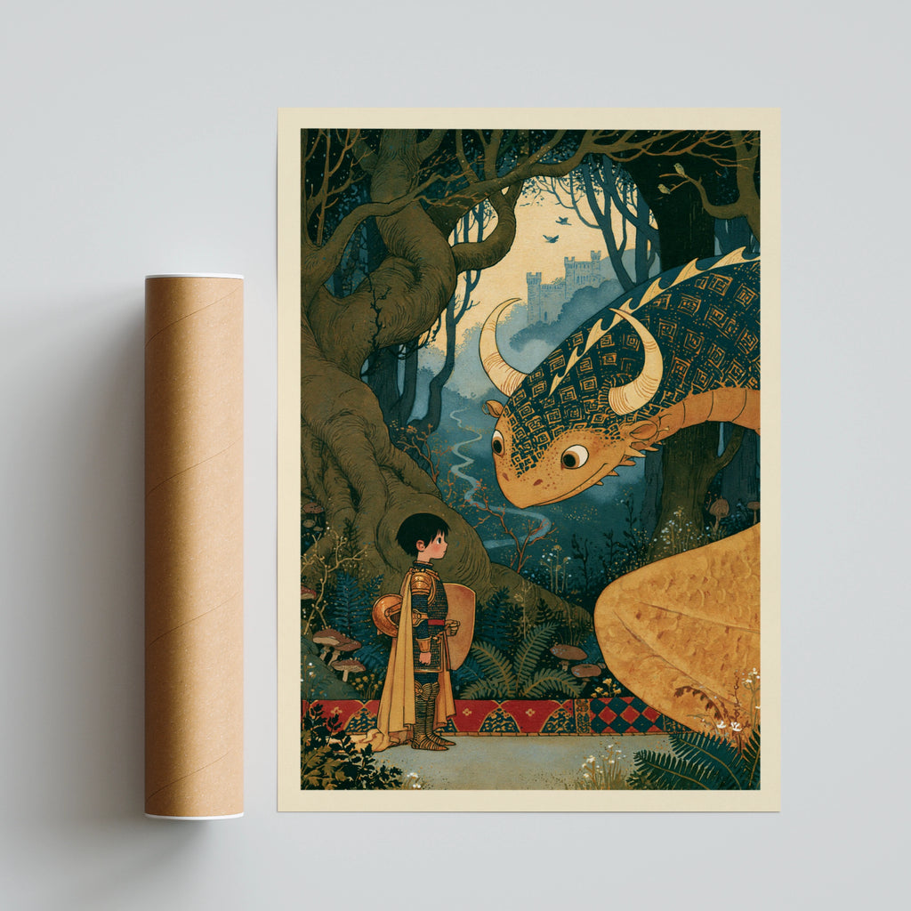 The Boy Knight and Dragon Print, Retro Children's Fantasy Poster, Fairy Tale Kids Wall Art