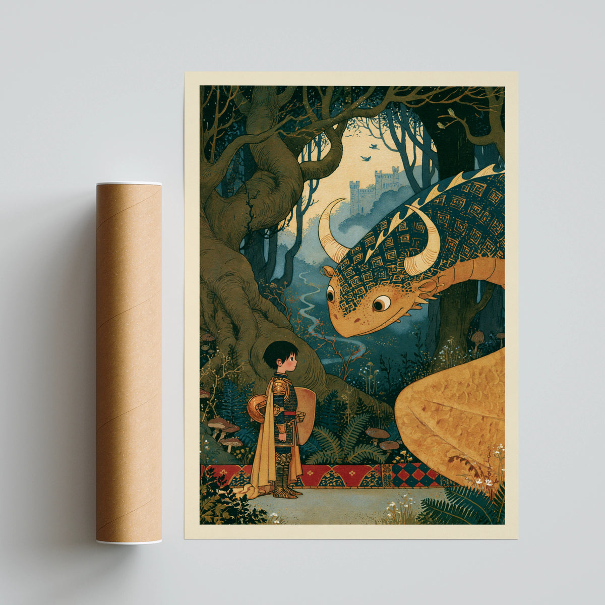 The Boy Knight and Dragon Print, Retro Children's Fantasy Poster, Fairy Tale Kids Wall Art