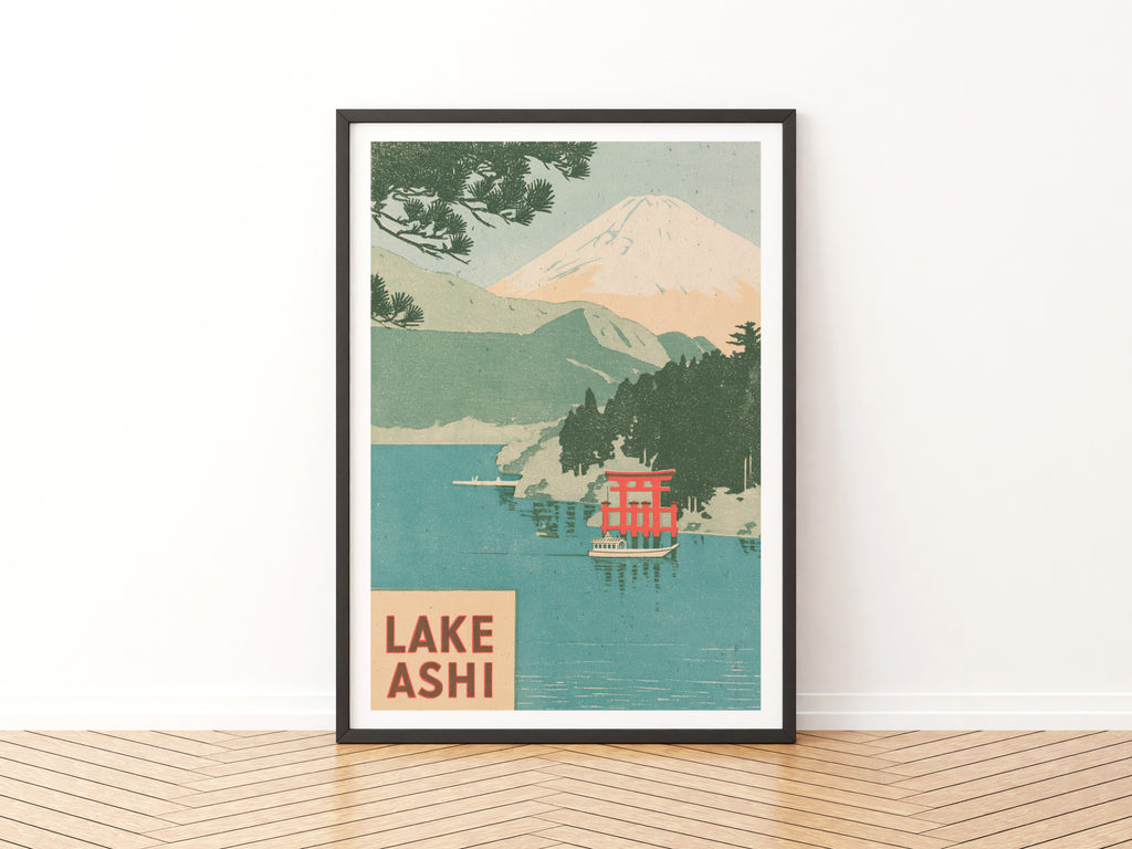 Retro Lake Ashi Japan Print, Vintage Travel Poster, Mount Fuji Torii Gate Woodblock Style, Hakone