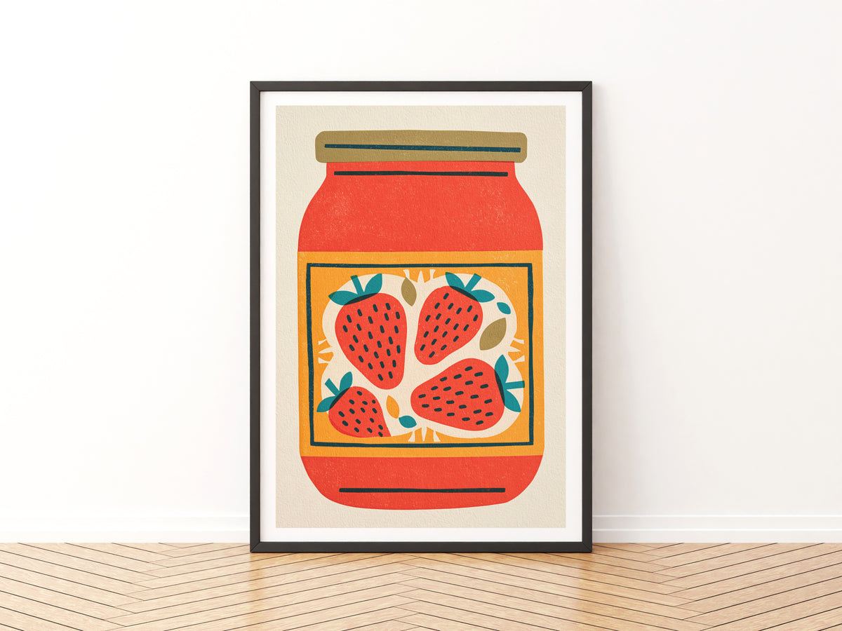Vintage Food Poster Print, Strawberry Jam Jar, Rustic Kitchen Decor, Retro Mid Century Risograph Art