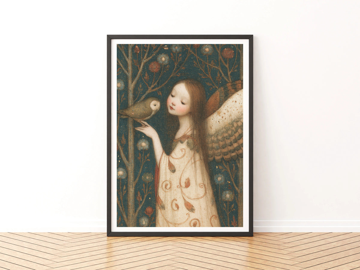 Owl Fairy - Classic Inspired Fairy Print, Folk Art Poster, Teal Floral Wall Art