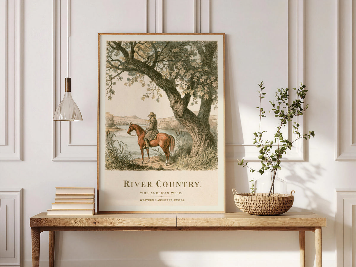 River Country Western Landscape Print, Vintage Cowboy on Horseback, Oak Tree Nature Wall Art, Poster