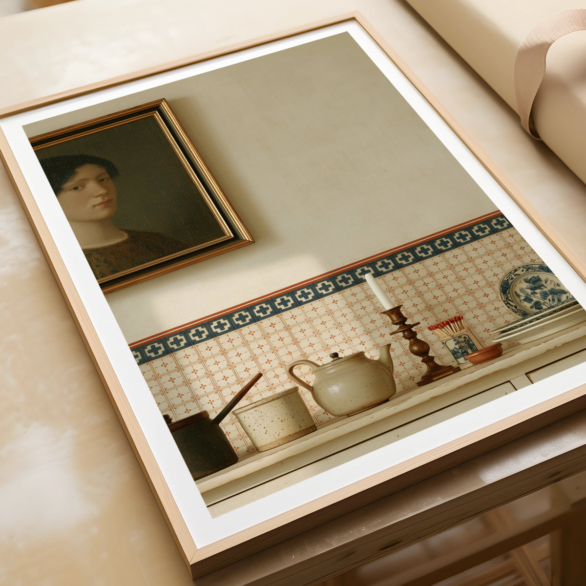 Contemporary Dutch Kitchen Still Life Art Print, Vintage Tiles Portrait Wall Decor