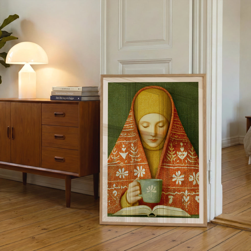 Classic Inspired Woman Reading Print, Cosy Tea Poster, Folk Art Wall Art, Hygge Home Decor Gift