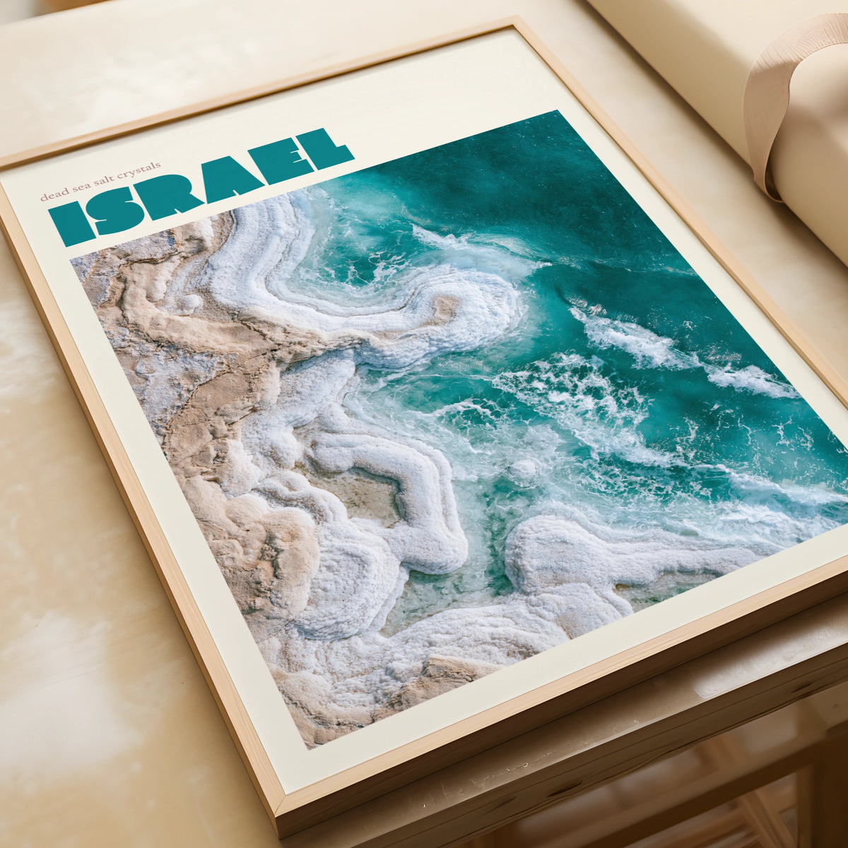 Israel Dead Sea Print, contemporary travel wall art, teal salt crystals aerial