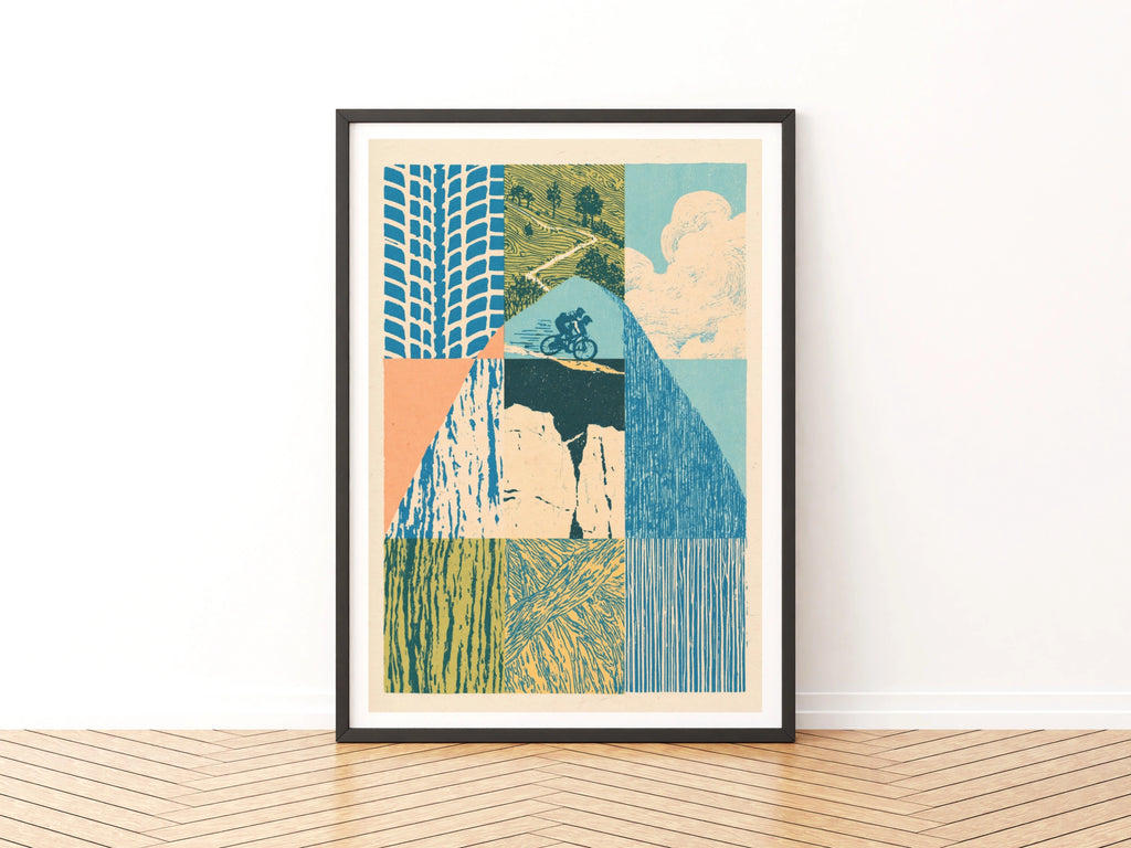 Mountain Bike Retro Print, MTB Trail Poster, Vintage Cycling Wall Art, Linocut Style Gift