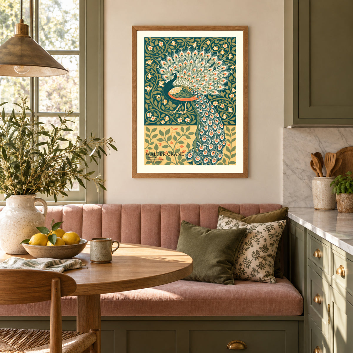 Walter Crane Peacock Print, Vintage Exhibition Poster, Arts and Crafts Nature Wall Art, Teal Floral