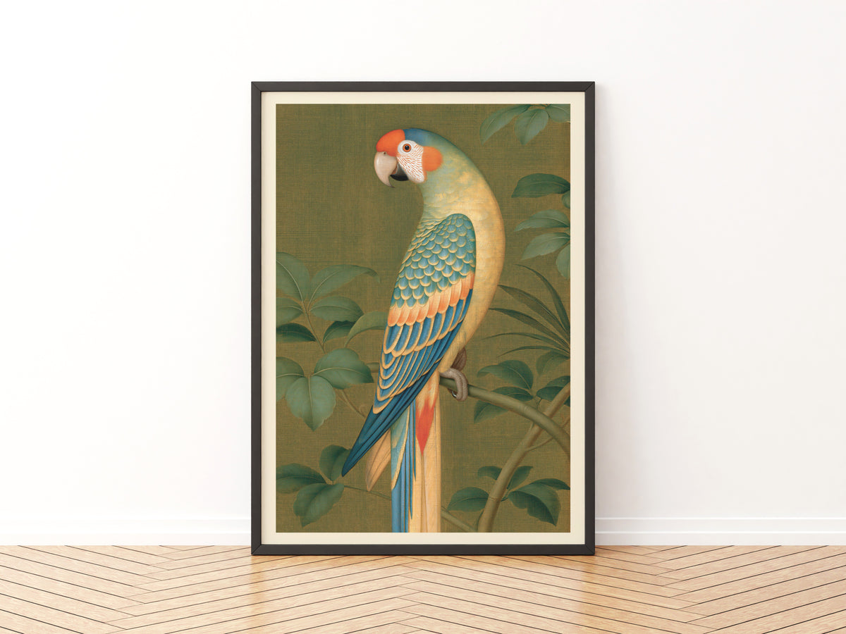 Vintage Parrot Wall Art, Tropical Bird Print, Classic Botanical Poster, Olive Green Jungle Decor
