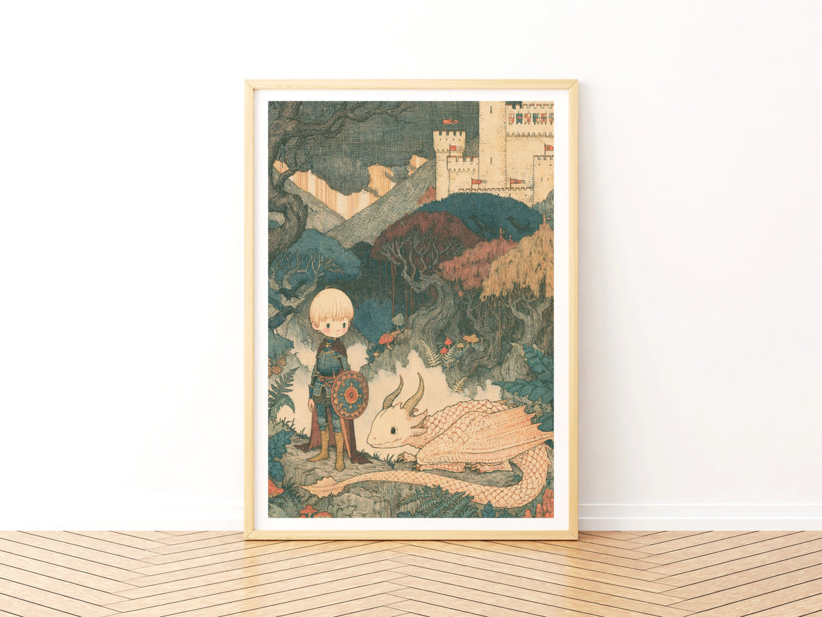 Retro Children's Print, Boy Knight Dragon Castle, Fantasy Kids Wall Art Poster