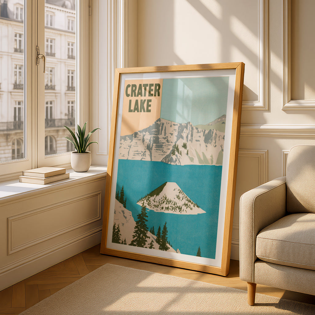 Retro Crater Lake Poster, Vintage Travel Print, Oregon National Park Wall Art, Wizard Island