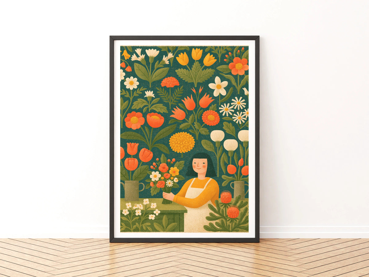 Vintage Florist Girl Poster, Retro Flower Shop Wall Art, Botanical Garden Print