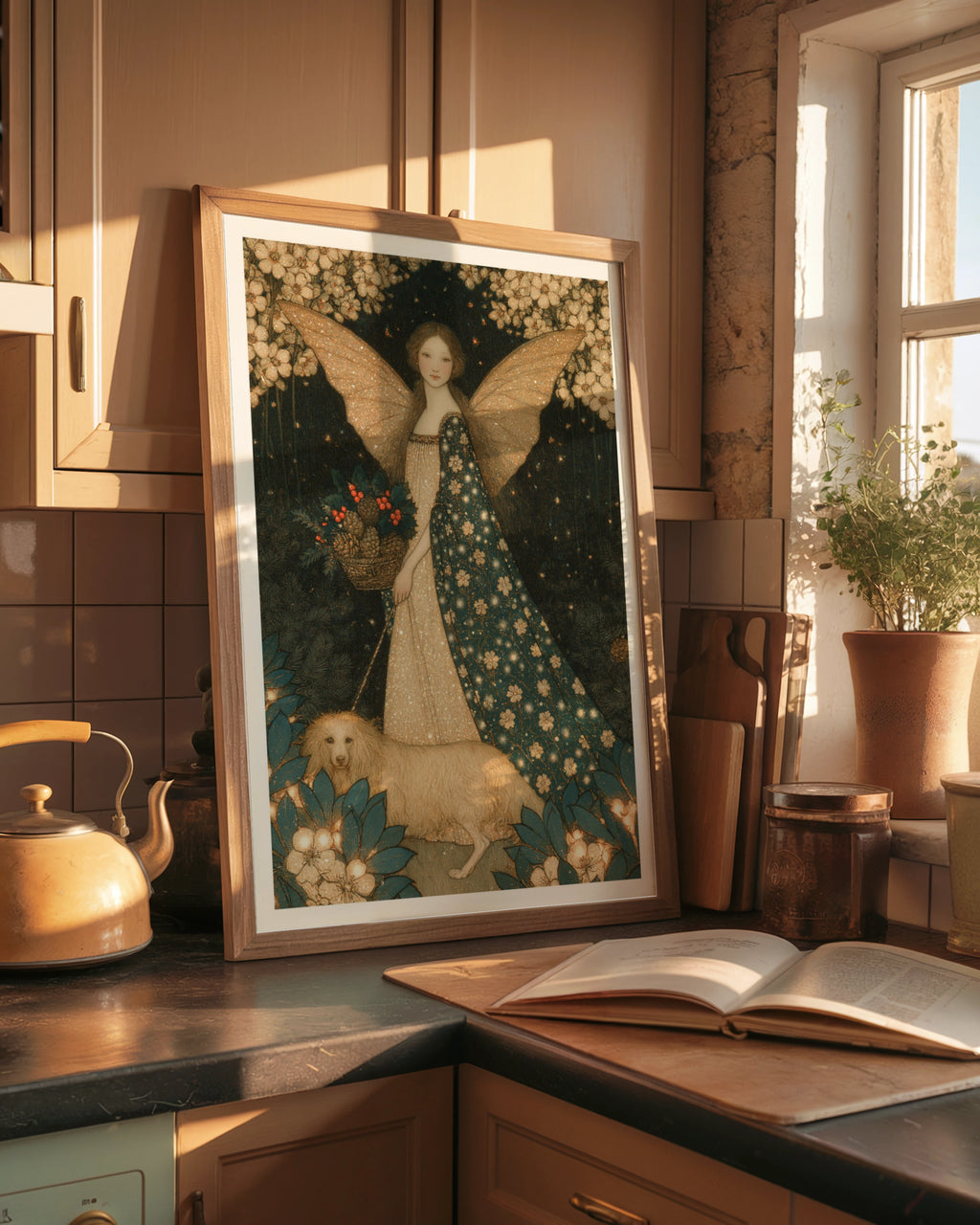 Winter Fairy Print, Christmas Angel Poster, Vintage Folk Art, Teal Gold Festive Wall Art