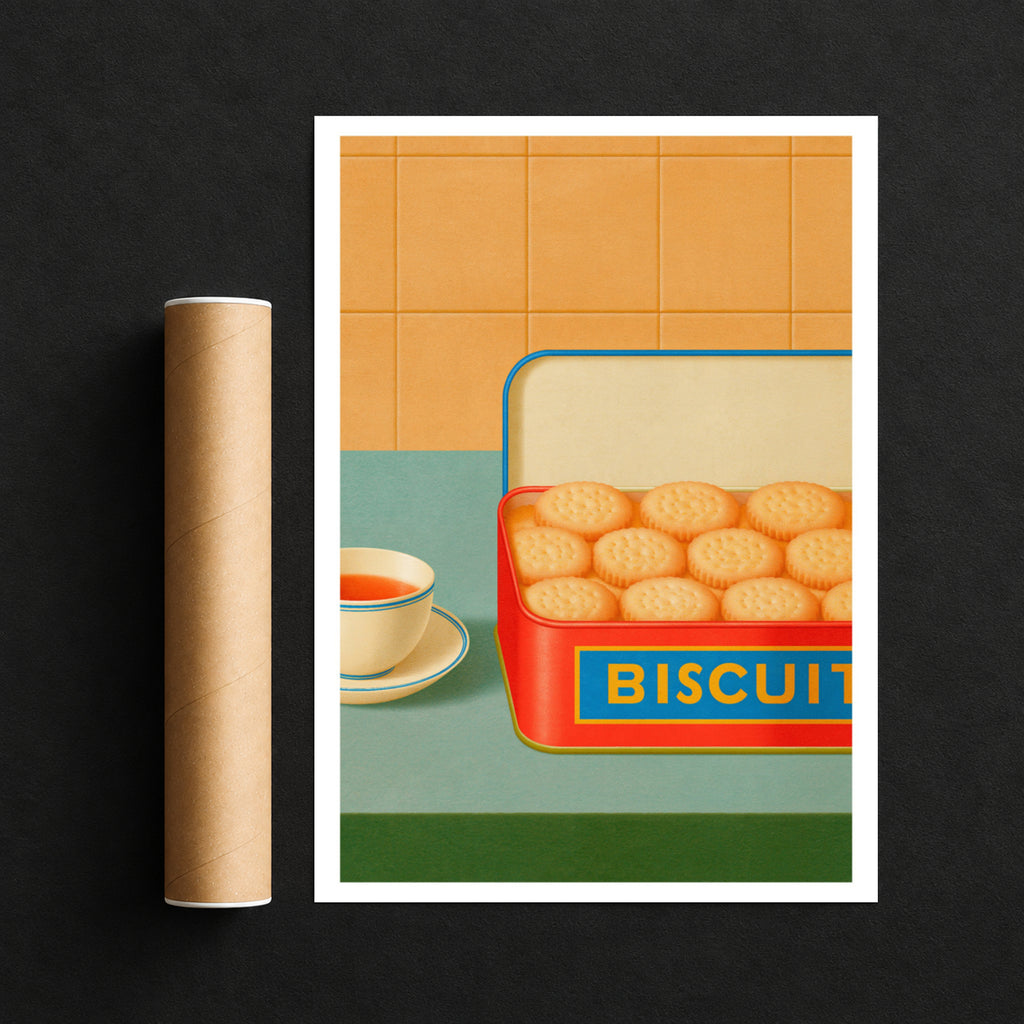 Vintage Food Poster Print, Biscuit Tin Tea Cup, Rustic Kitchen Decor, Retro Mid Century Risograph