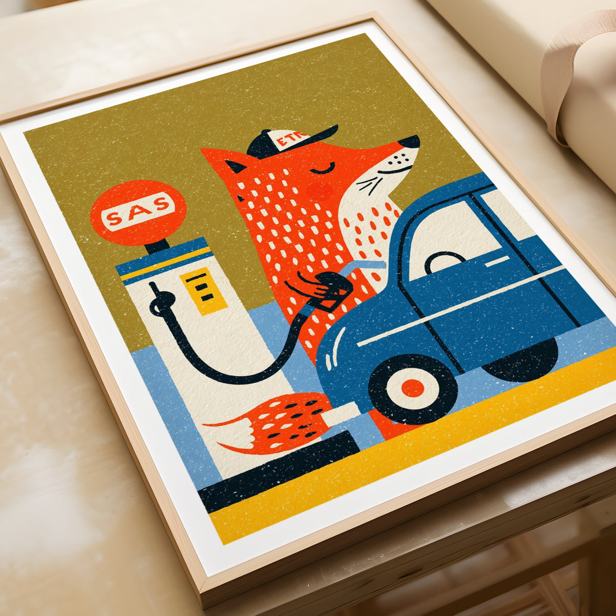Retro Fox Gas Station Art Print, Vintage Animal Wall Art, Folk Style Car Print, Kids Room Decor
