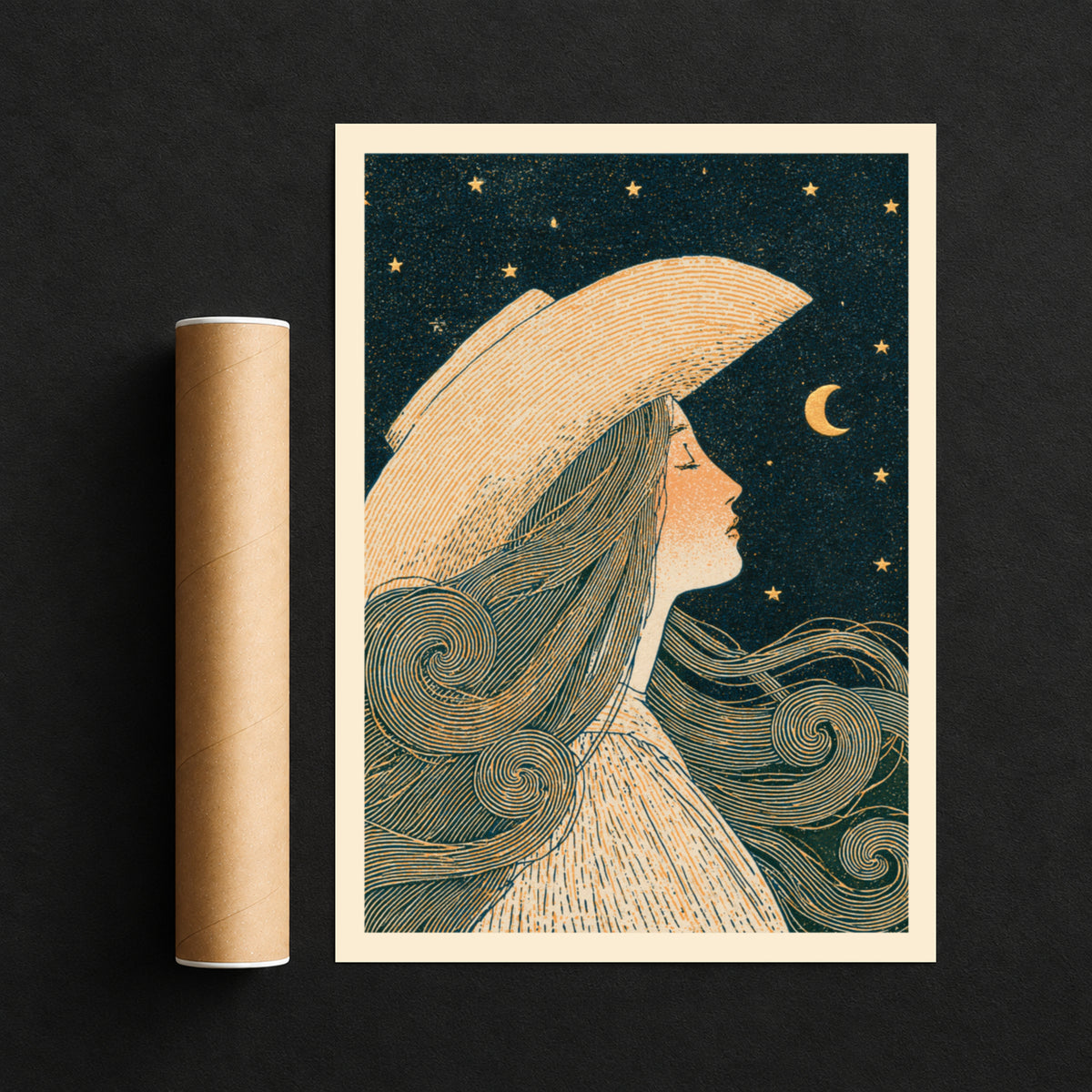 Celestial Woman Moon Stars Art Nouveau Print, Vintage Night Sky Wall Art, Whimsical Bedroom Poster