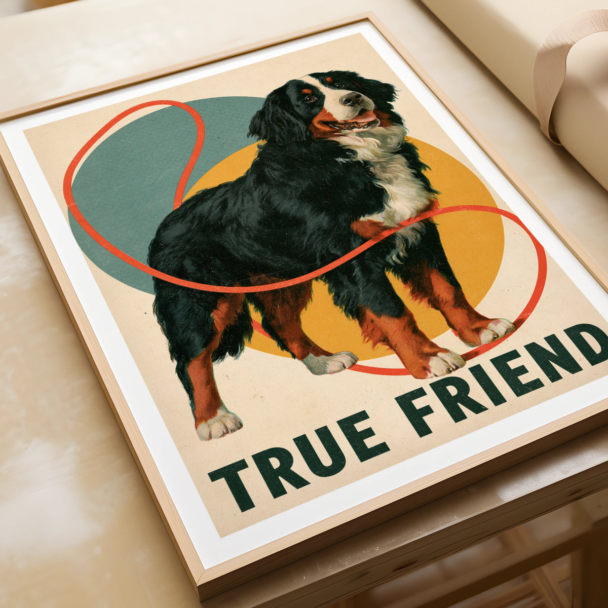 Bernese Mountain Dog Retro Print, True Friend Folk Art, Vintage Dog Wall Art Gift