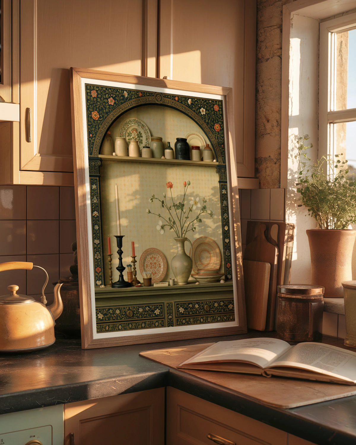 Classic Kitchen Shelf Still Life Print, Vintage Pottery Floral Wall Art Poster