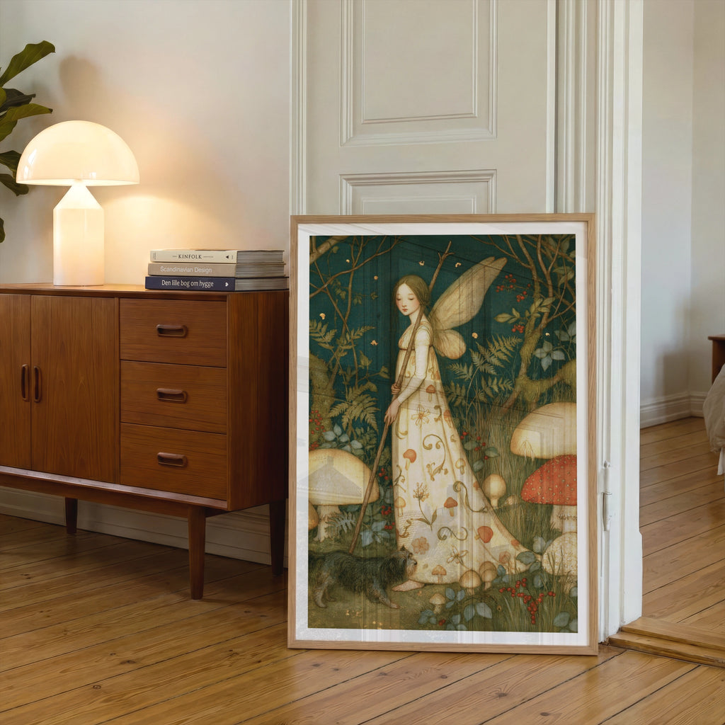 Mushroom Fairy Forest Print, Classic Inspired Botanical Folk Art Poster, Cottagecore Wall Art