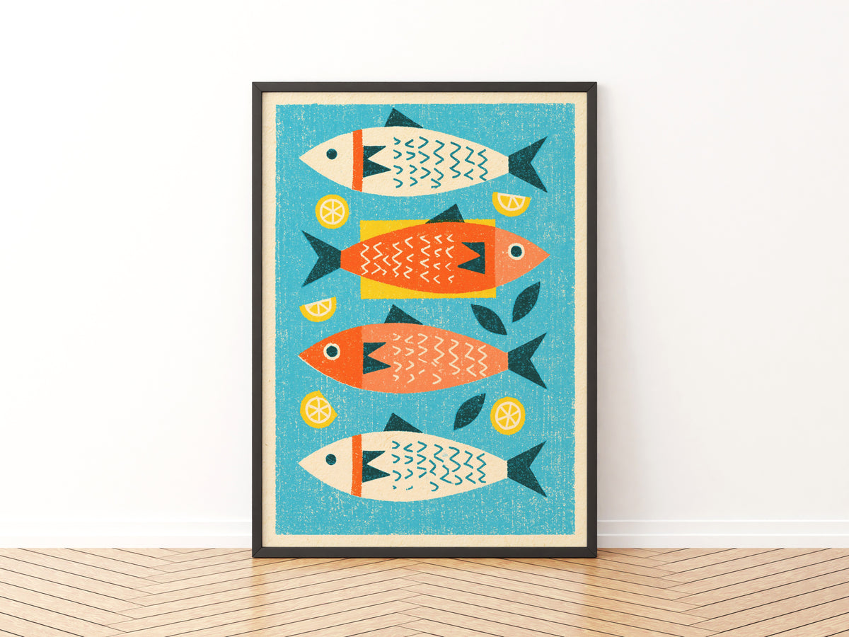 Vintage Food Poster Print | Rustic Kitchen Decor, Mid Century Sardine Fish Art, Retro Seafood Wall