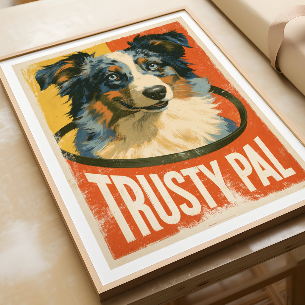 Retro Dog Poster, Australian Shepherd Print, Trusty Pal Folk Art Wall Decor