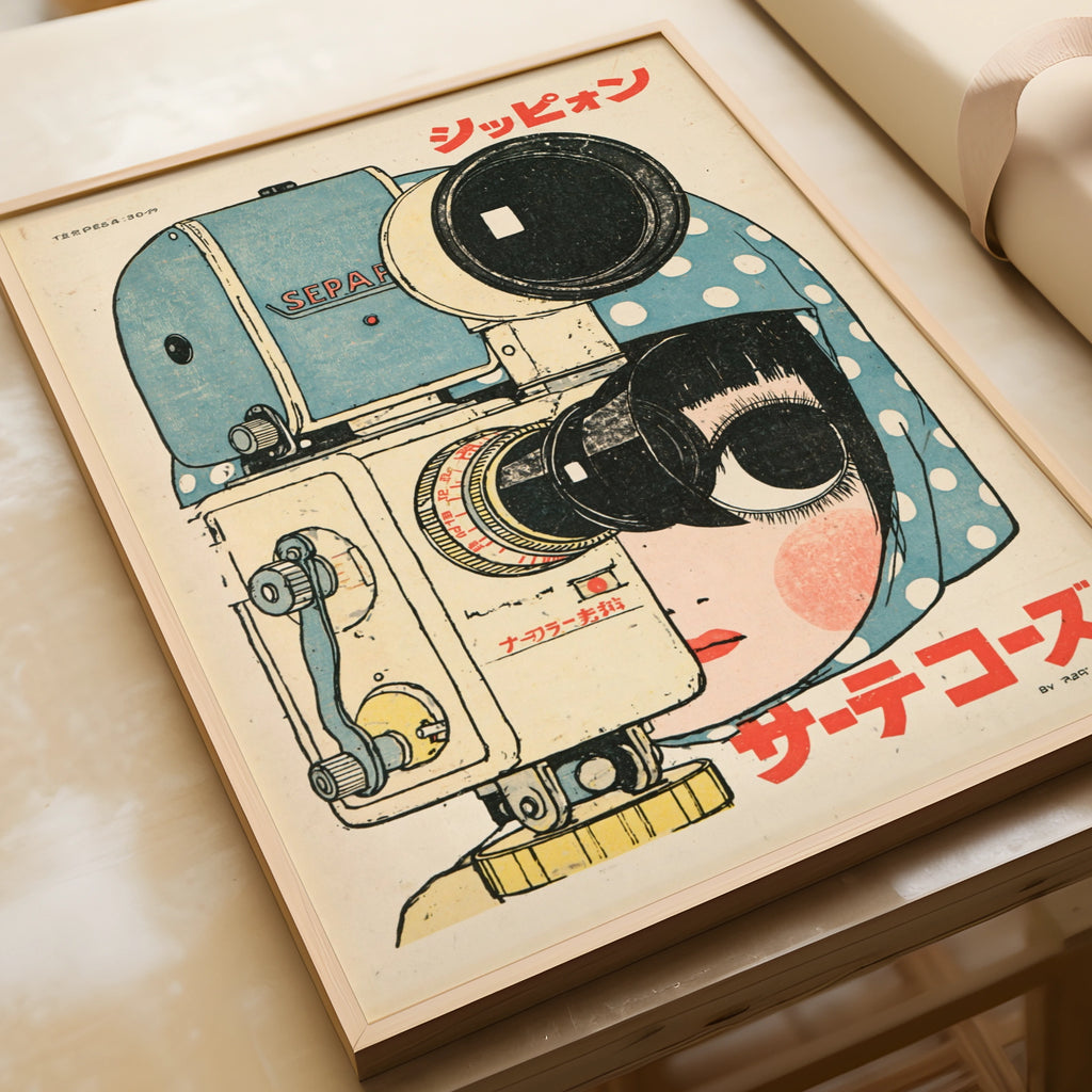 Japanese Retro Camera Girl Poster, Vintage Manga Style Wall Art, Polka Dot Print