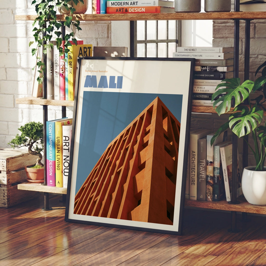 Mali Travel Print, BCEAO Tower Bamako, contemporary African architecture wall art