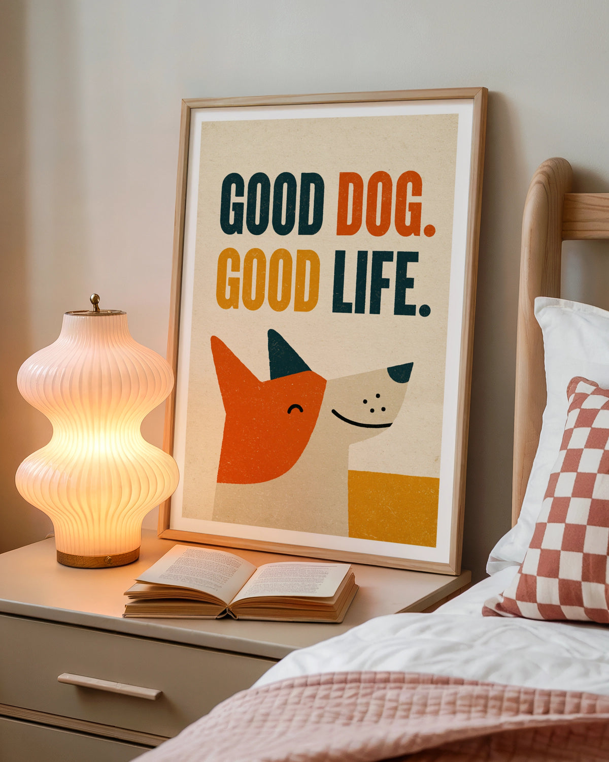 Good Dog Good Life retro dog print, folk art wall print, dog lover gift, vintage style