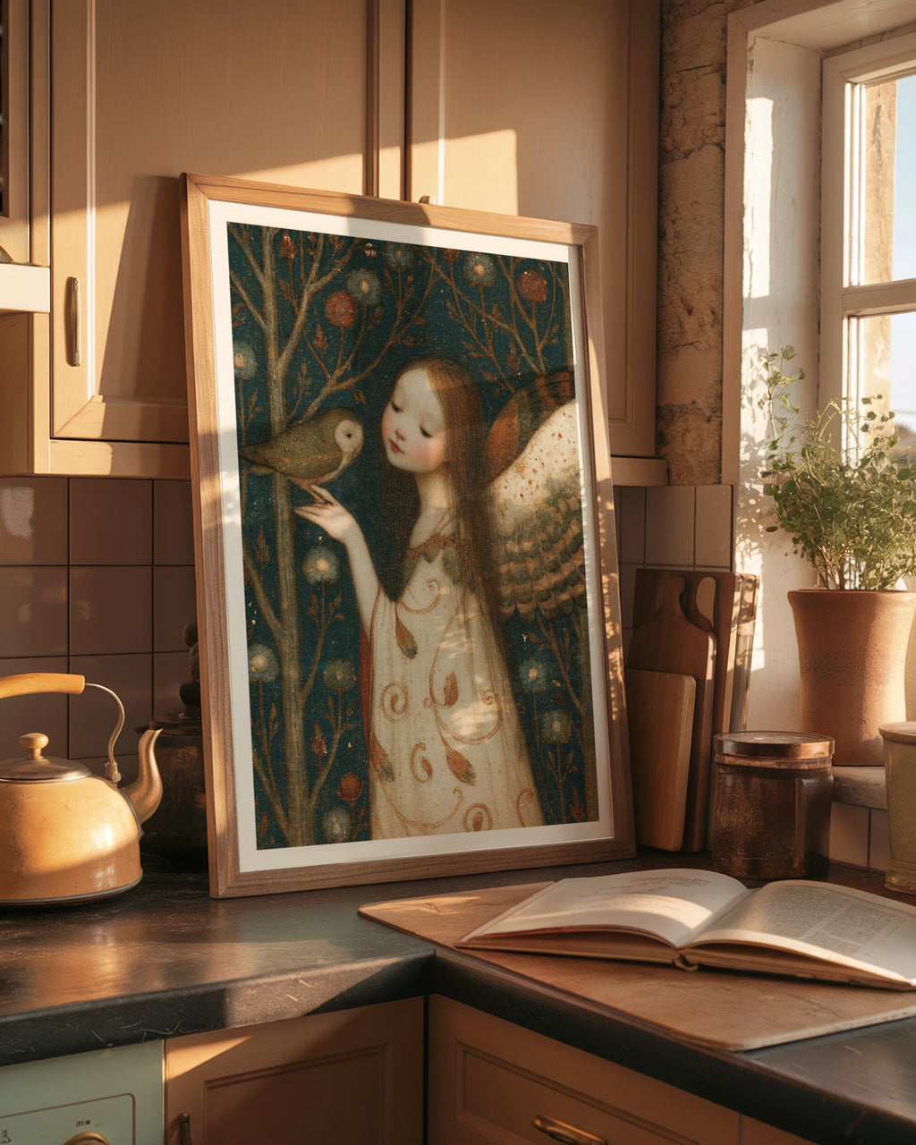 Owl Fairy - Classic Inspired Fairy Print, Folk Art Poster, Teal Floral Wall Art