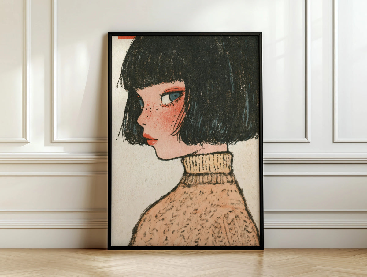 Retro Kawaii Girl Portrait Poster, Bob Hair Freckles Art Print, Vintage Illustrated Woman Wall Art