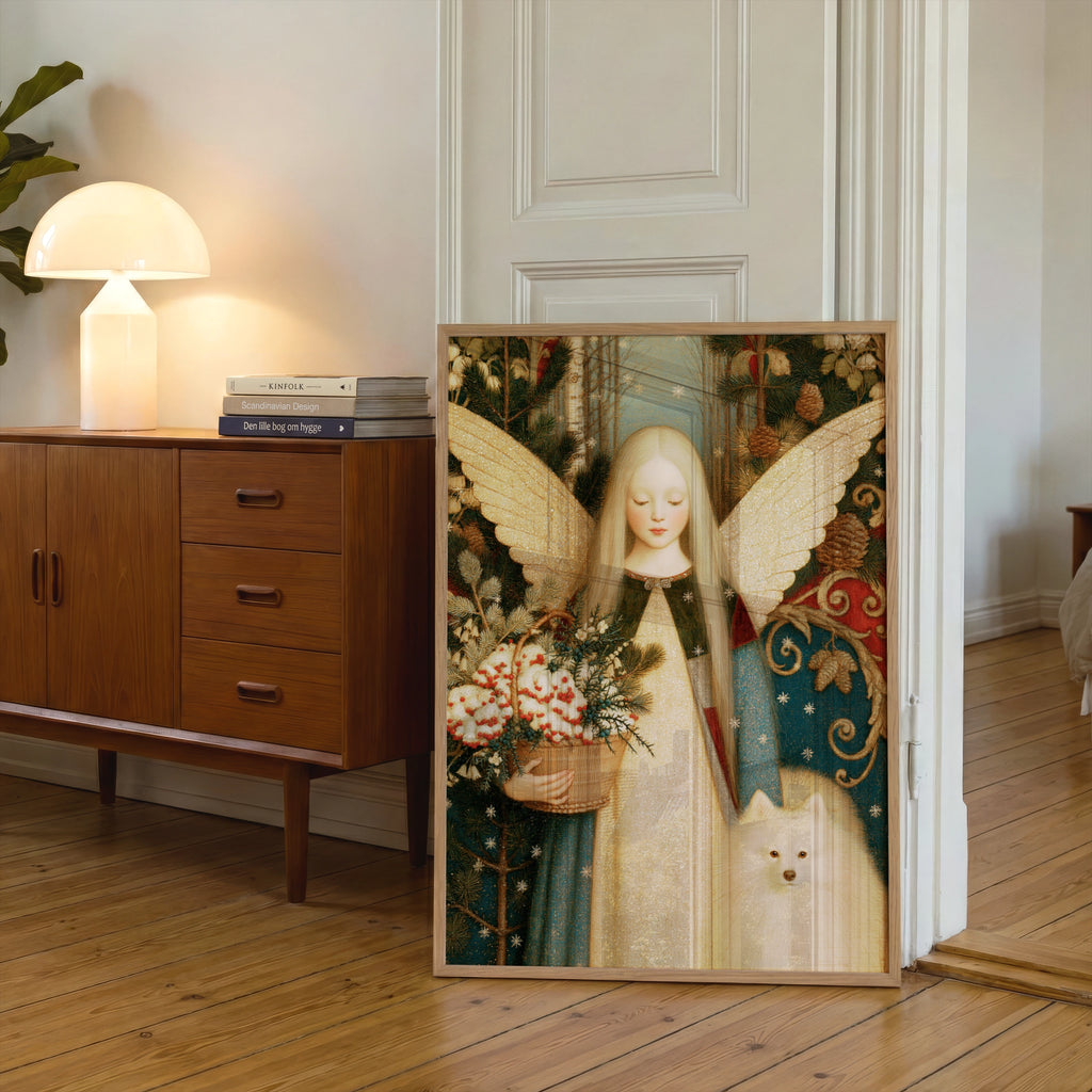 Winter Angel Art Print, Christmas Fairy Poster, Vintage Folk Style, White Dog Spitz Wall Art