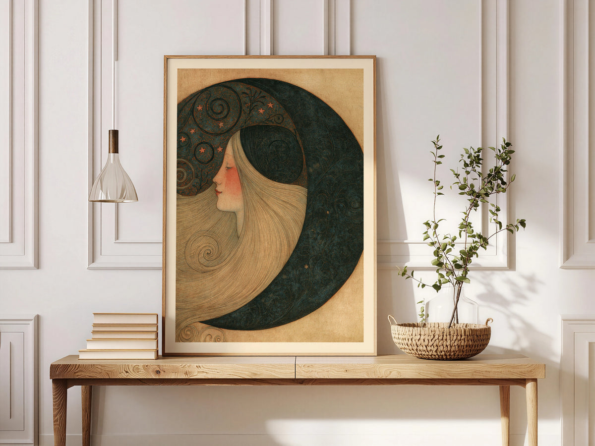 Crescent Moon Woman Art Nouveau Print, Celestial Wall Art, Vintage Moon Goddess Poster, Stars