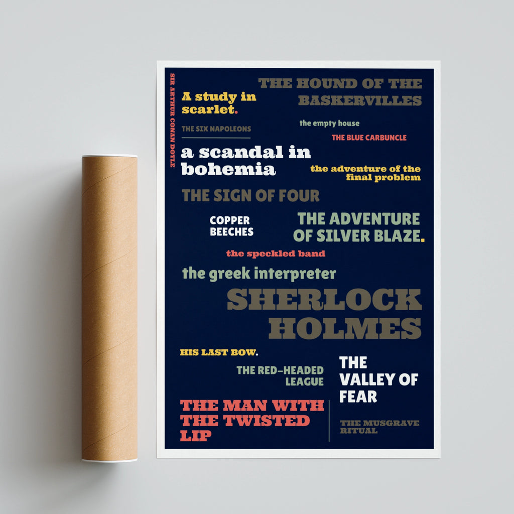 Sherlock Holmes Typography Poster, Conan Doyle Literary Print, Navy Blue Book Fan Art