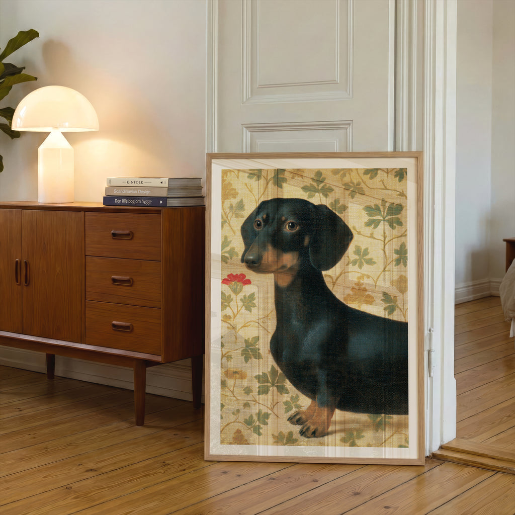 Vintage Dachshund Print, Black and Tan Sausage Dog Poster, Botanical Leaf Wallpaper, Dog Lover Wall