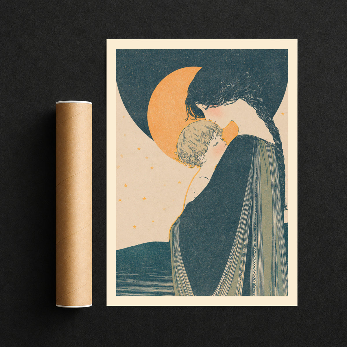 Mother and Child Art Print, Vintage Crescent Moon Poster, Nursery Wall Art, Starry Night