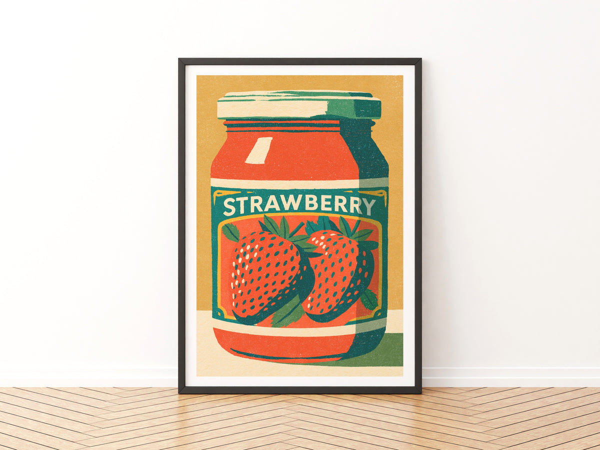 Vintage Food Poster Print, Strawberry Jam Jar, Rustic Kitchen Decor, Retro Mid Century Risograph