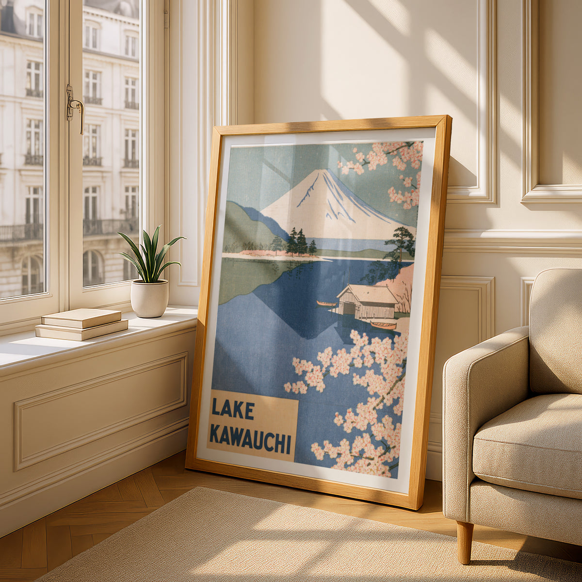 Lake Kawaguchi Retro Travel Print, Mount Fuji Vintage Travel Poster, Japan Cherry Blossom Wall Art