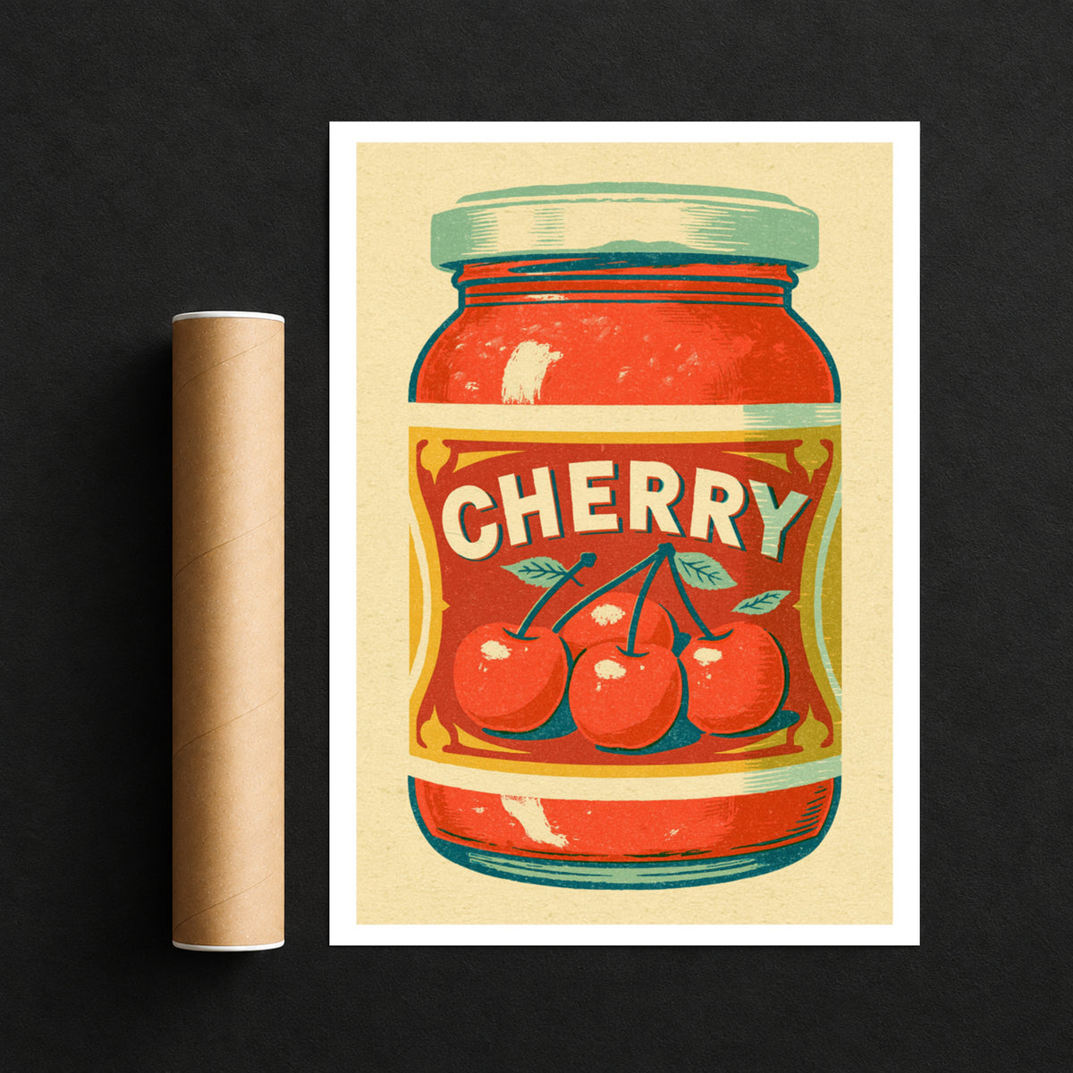 Vintage Food Poster Print | Rustic Kitchen Decor, Cherry Jam Jar Wall Art, Retro Fruit Preserve
