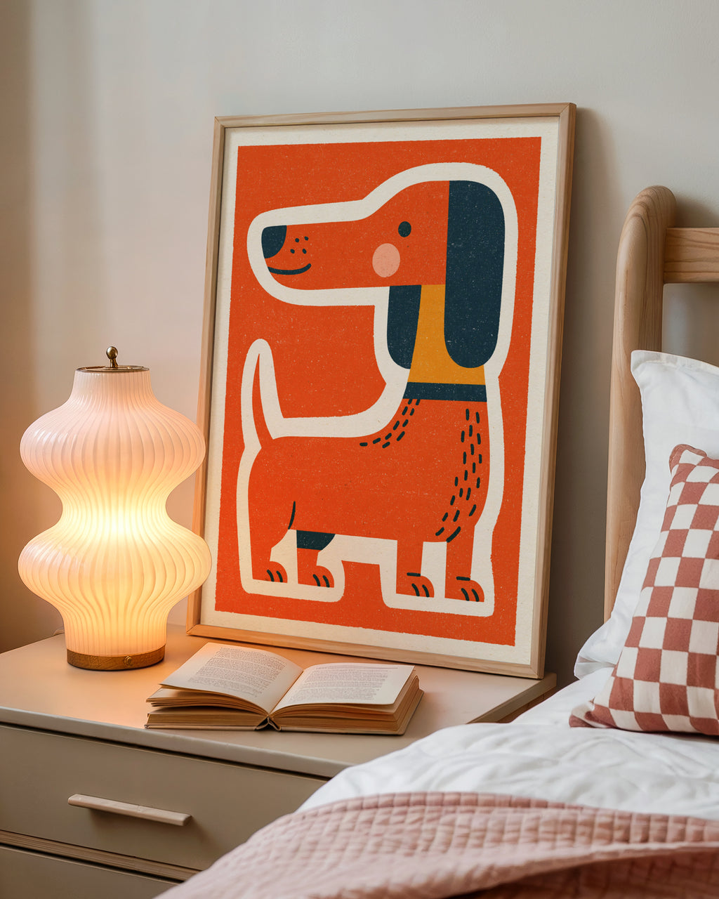 Retro Dog Print, Dachshund Wall Art, Orange Sausage Dog Illustration, Mid Century Animal Art
