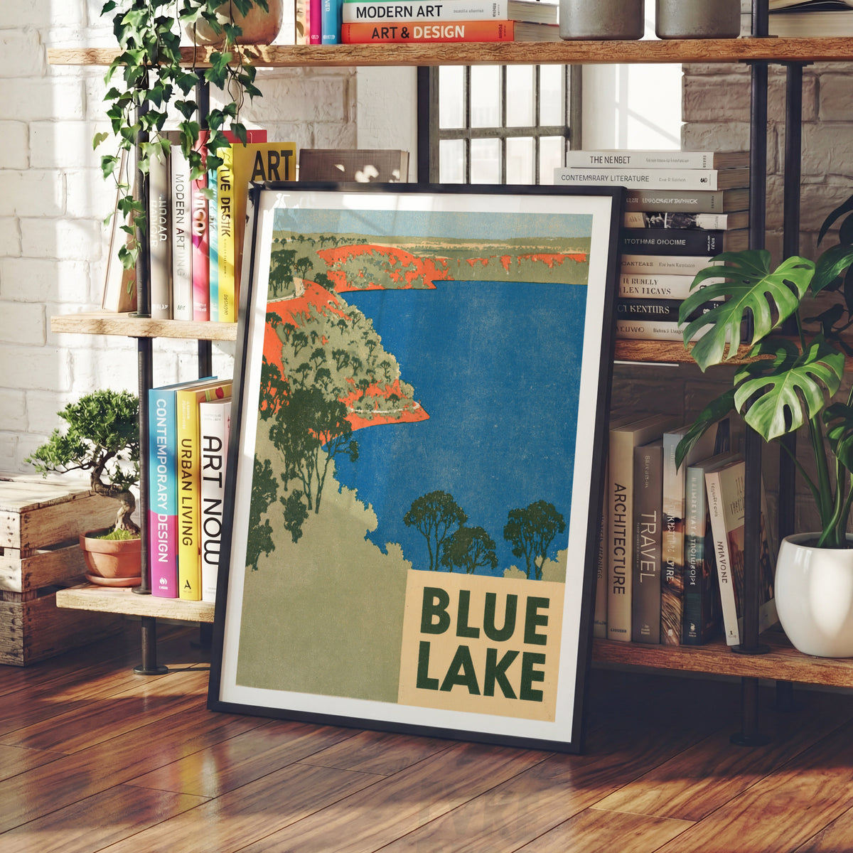 Retro Blue Lake Poster, Vintage Travel Print, Australian Landscape Wall Art, Mount Gambier