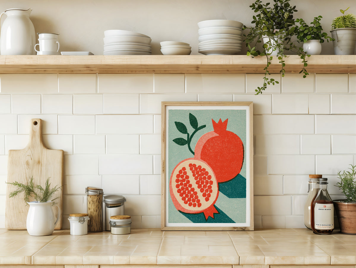 Vintage Food Poster Print | Rustic Kitchen Decor, Pomegranate Art, Mid Century Fruit Wall Art