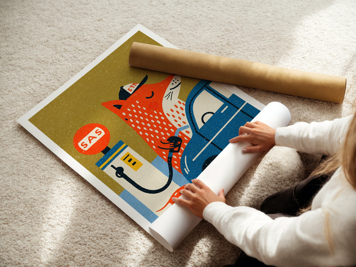 Retro Fox Gas Station Art Print, Vintage Animal Wall Art, Folk Style Car Print, Kids Room Decor