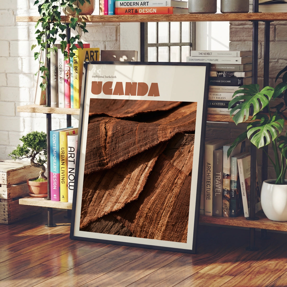Uganda Travel Print, contemporary African Wall Art, Traditional Barkcloth, Terracotta Decor