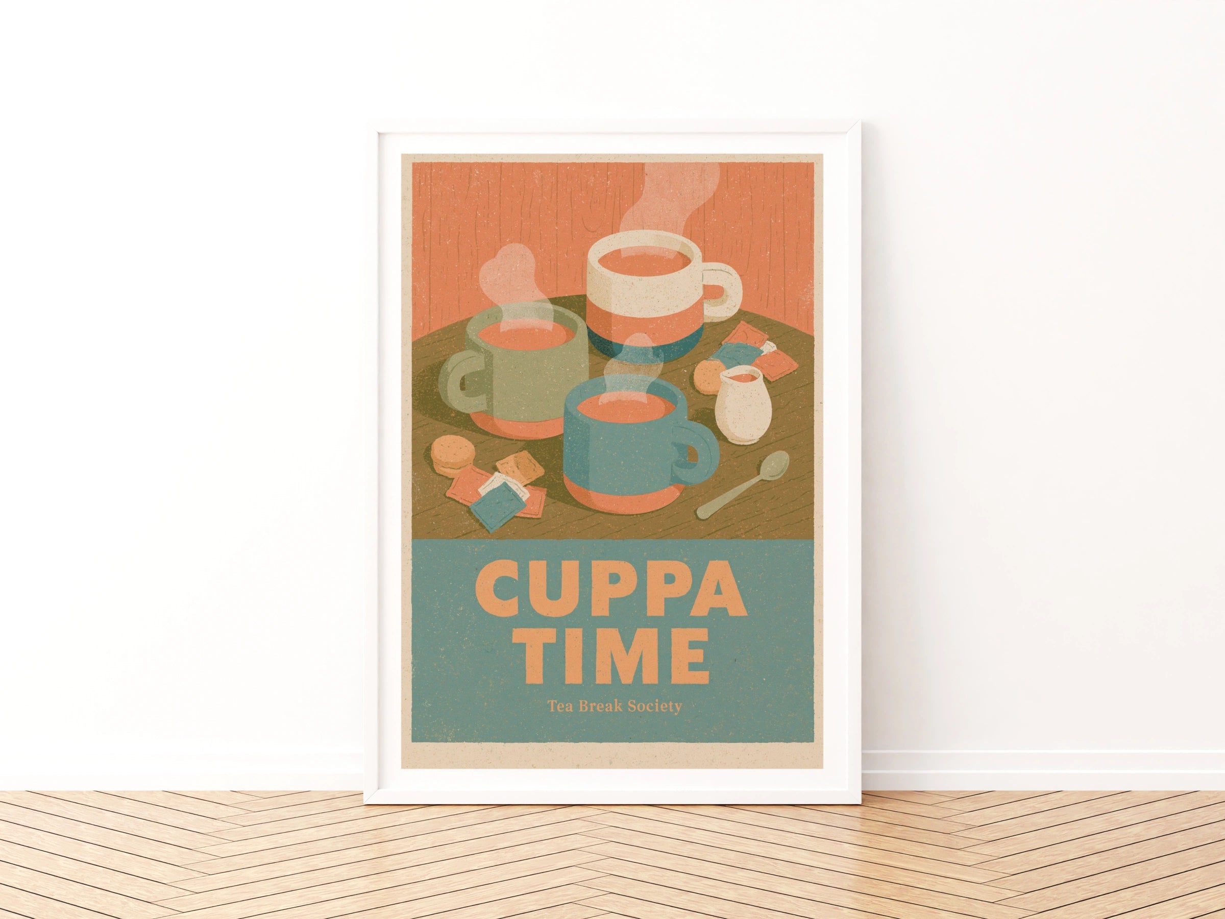 Cuppa Time Vintage Food Poster Print | Rustic Kitchen Decor | Retro Mid Century Risograph Tea